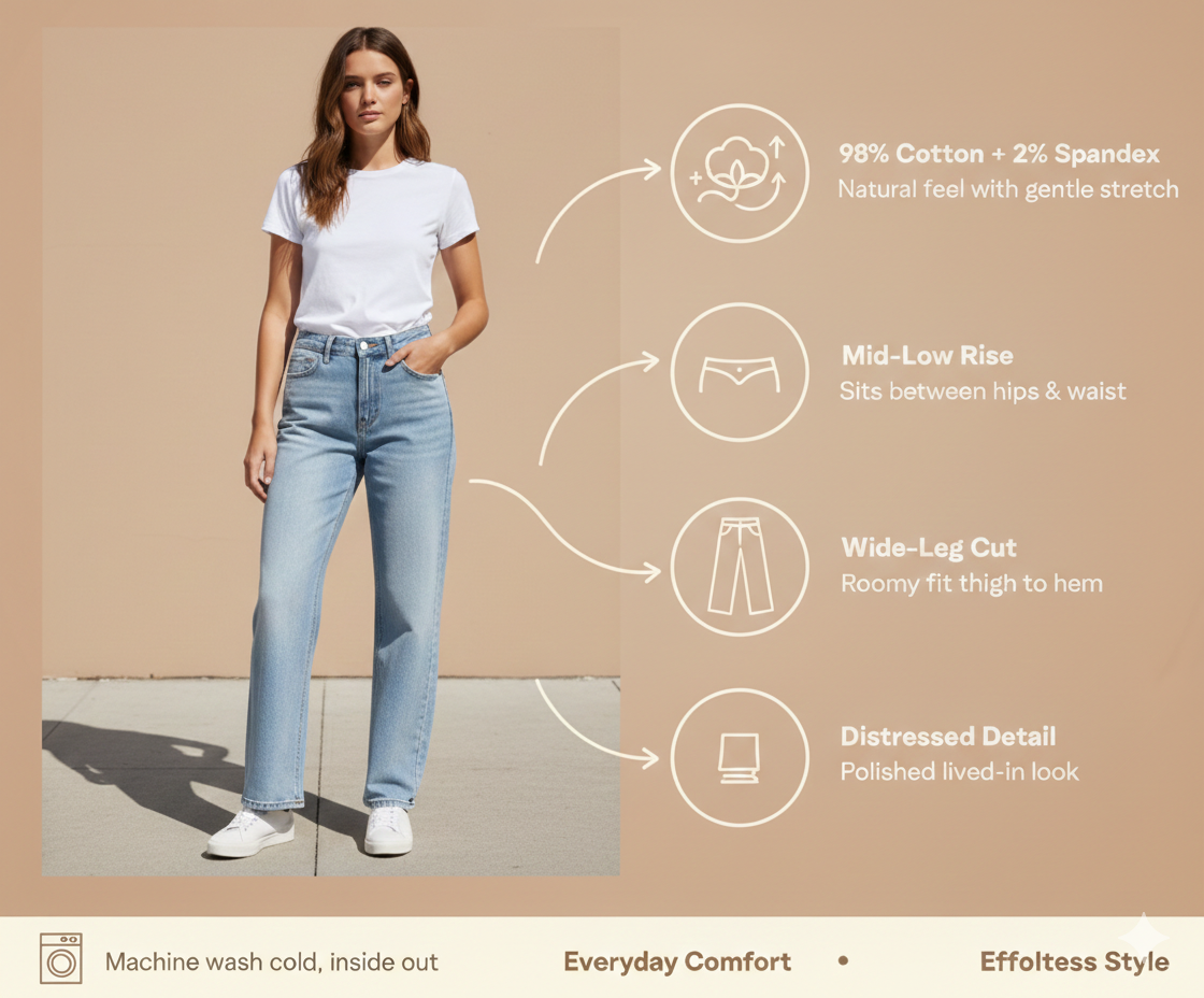 Mid-Low Rise Baggy Wide Leg Jeans for Women | Distressed Stretch Denim