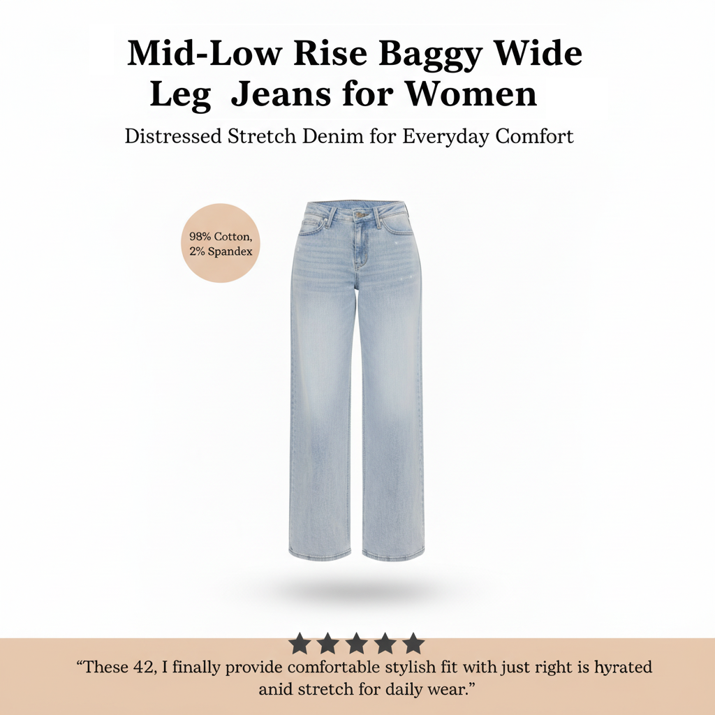 Mid-Low Rise Baggy Wide Leg Jeans for Women | Distressed Stretch Denim